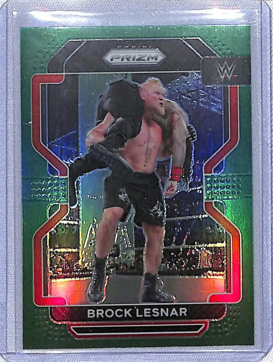 Brock Lesnar in black shorts on 2022 Panini Prizm WWE Green #135 trading card