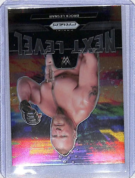 Holographic Panini Prizm WWE trading card of Brock Lesnar in an upside-down pose