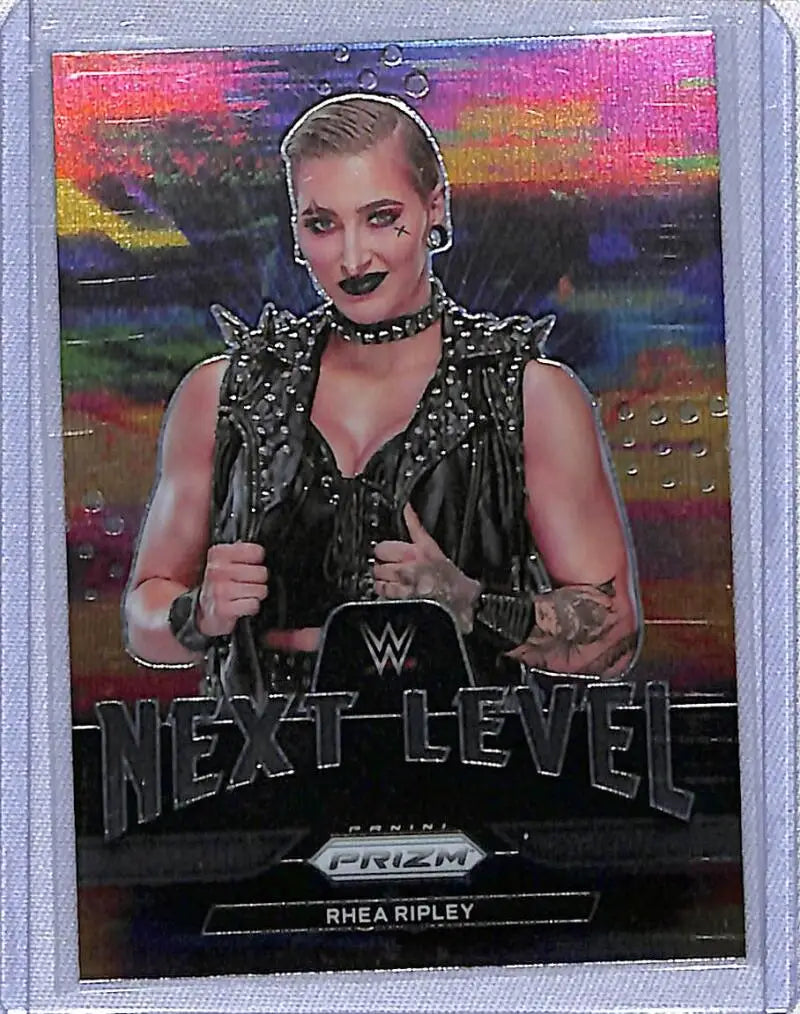 WWE Next Level Prizm card of Rhea Ripley in black leather attire by Panini Prizm