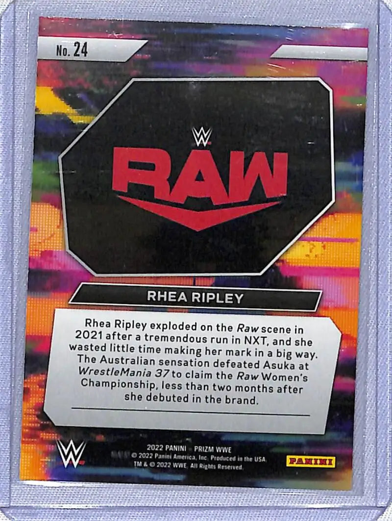 WWE RAW logo trading card featuring black octagonal design and red text, Rhea Ripley Panini Prizm