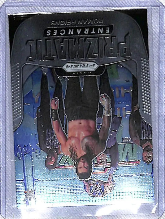 Chrome basketball trading card of Roman Reigns from 2022 Panini Prizm WWE Prizmatic