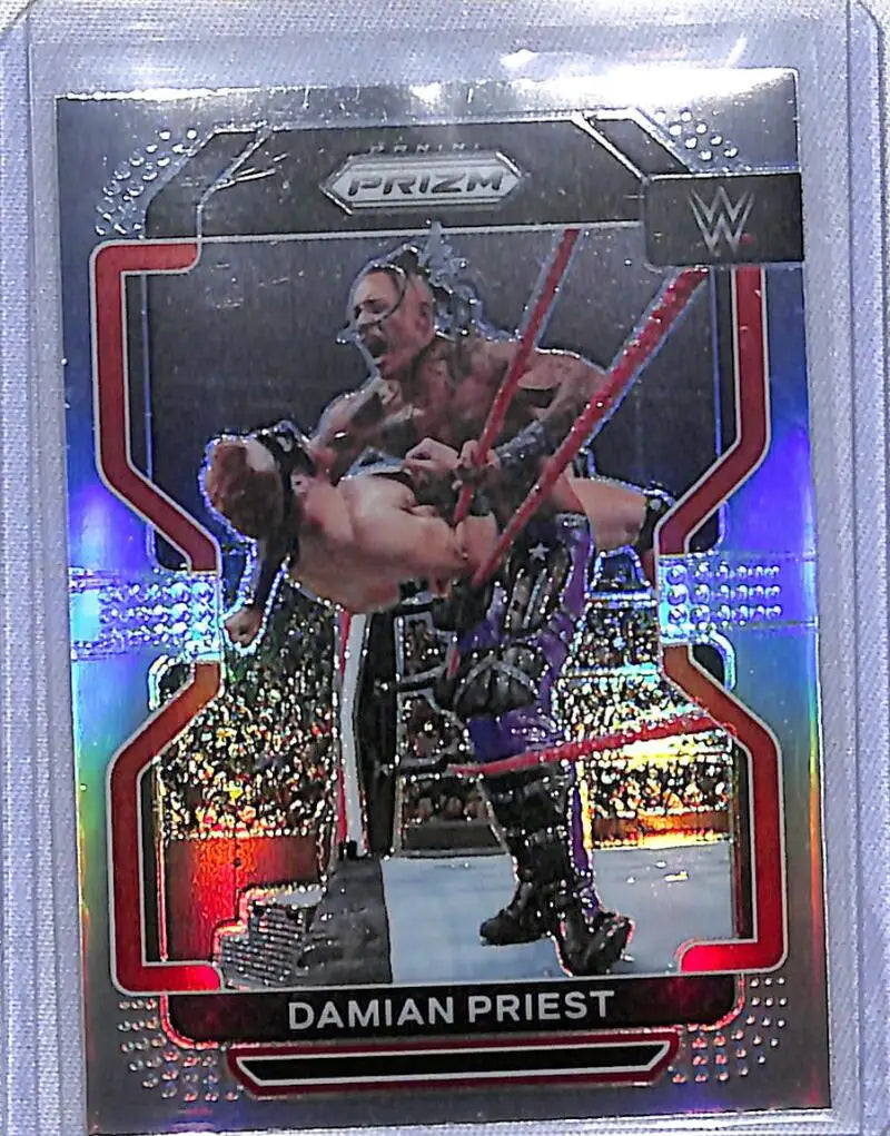 Damian Priest executing a high-flying move on 2022 Panini Prizm WWE trading card