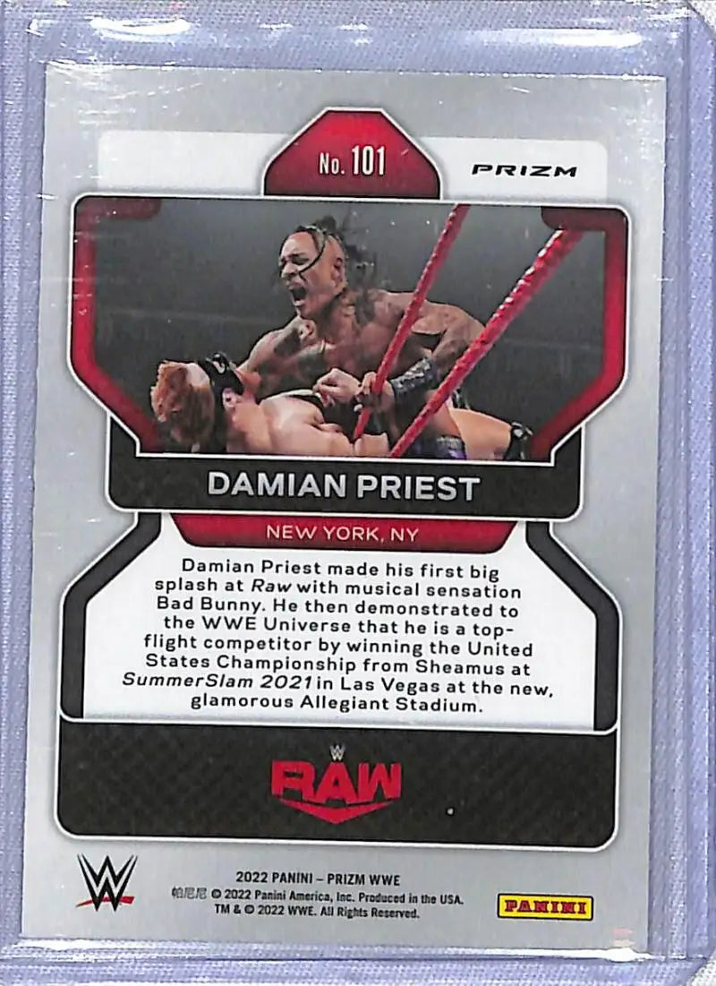 WWE Raw trading card of Damian Priest in red and black design, Panini Prizm