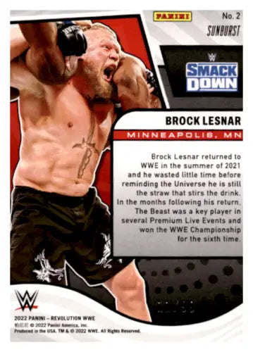 Brock Lesnar intense action pose on 2022 Panini Revolution Sunburst trading card