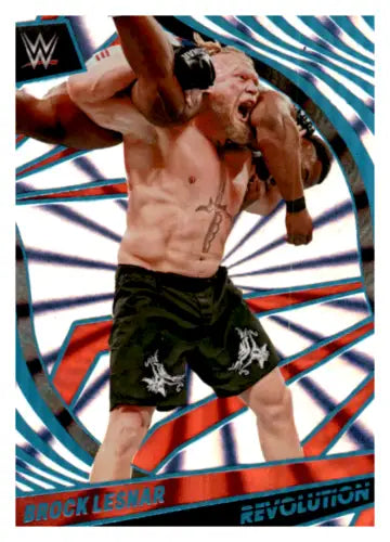 Muscular wrestler in black shorts showcased in Panini Revolution Sunburst card artwork