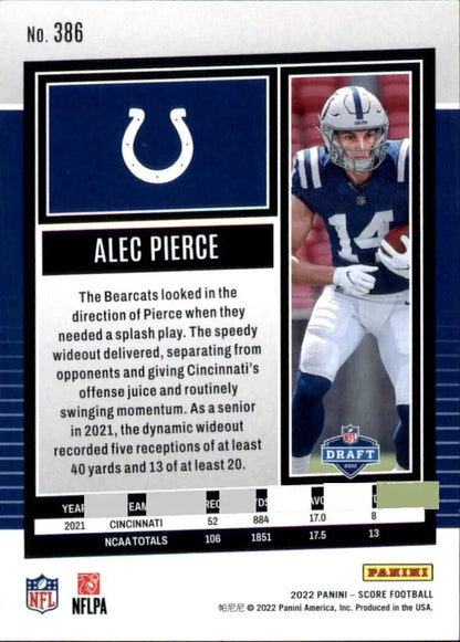 Alec Pierce Rookie card from 2022 Panini Score, Indianapolis Colts #386