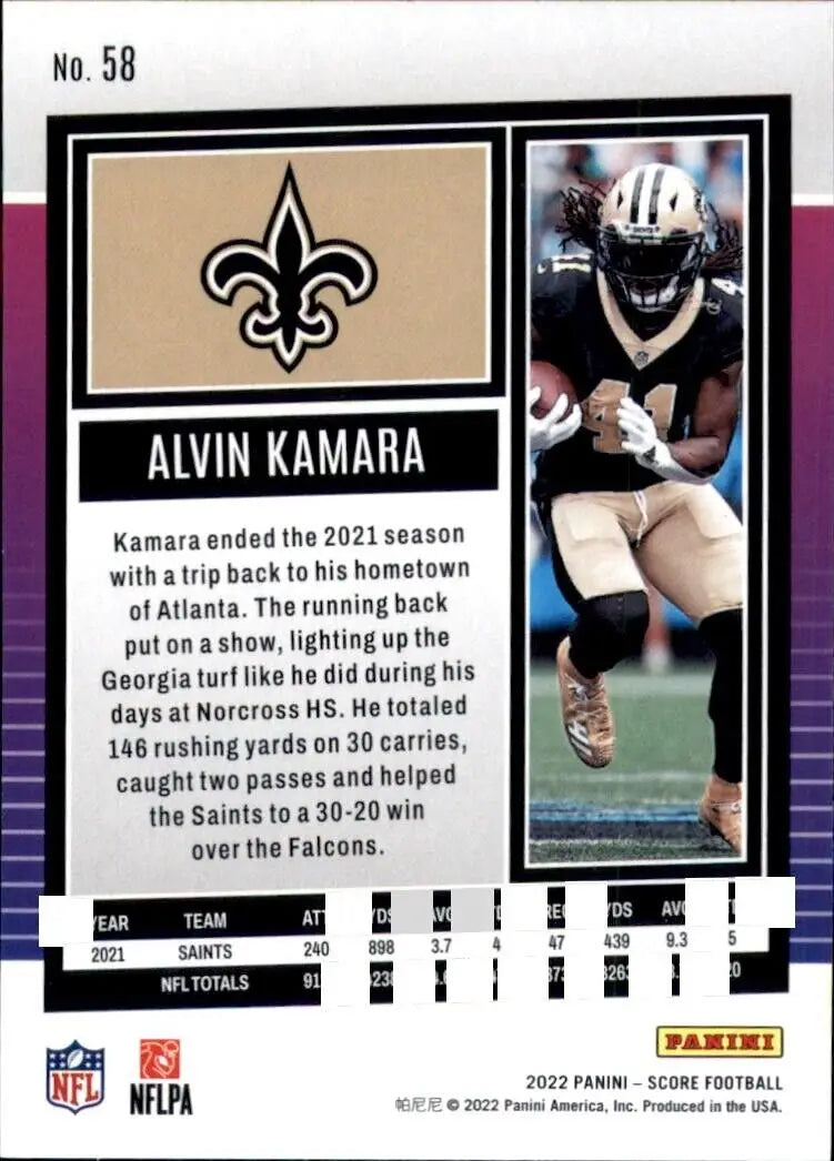 Panini Score Alvin Kamara New Orleans Saints NFL Football card #58 for collectors