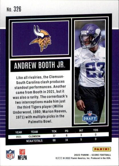 Andrew Booth Jr. football card from 2022 Panini Score Minnesota Vikings NFL collection