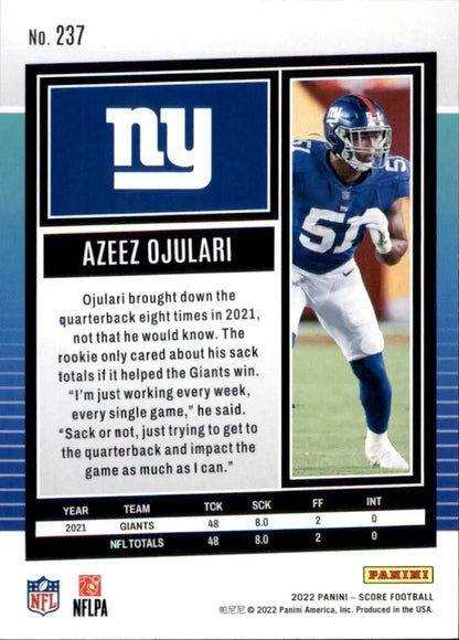 Azeez Ojulari football card from 2022 Panini Score New York Giants NFL collection