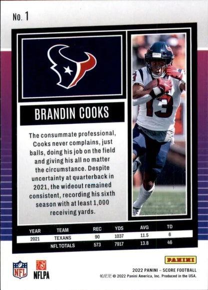 2022 Panini Score Brandin Cooks Houston Texans NFL Football card display