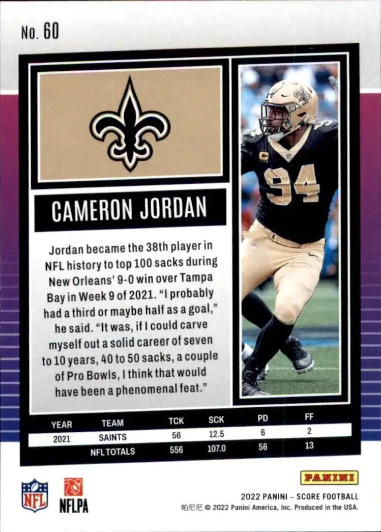 Cameron Jordan football card from 2022 Panini Score New Orleans Saints NFL collection