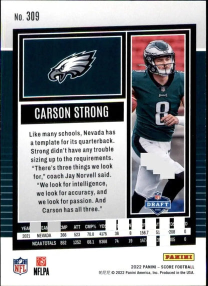 Carson Strong Rookie Card from 2022 Panini Score Philadelphia Eagles NFL Collection