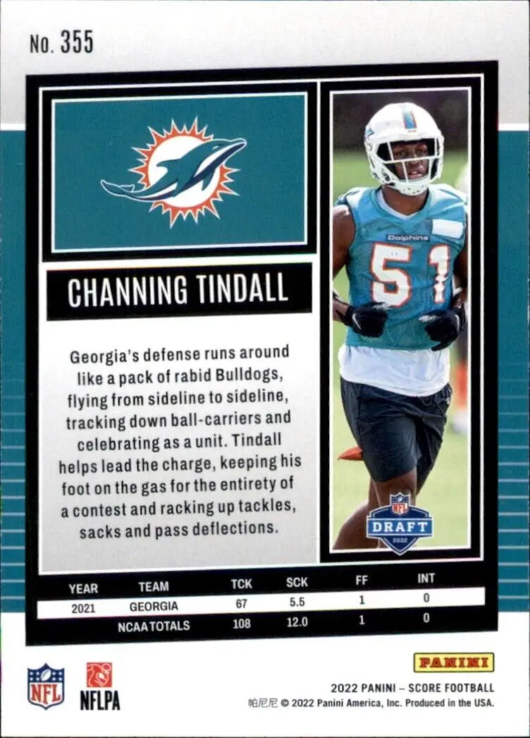 Channing Tindall Rookie card from 2022 Panini Score for Miami Dolphins NFL fans