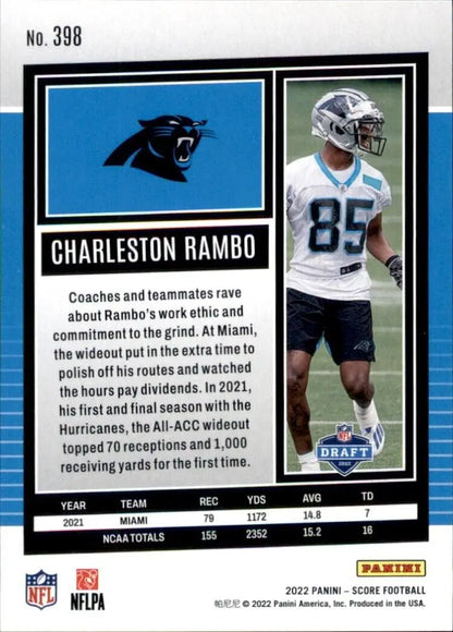 Charleston Rambo Rookie card from 2022 Panini Score Carolina Panthers NFL series