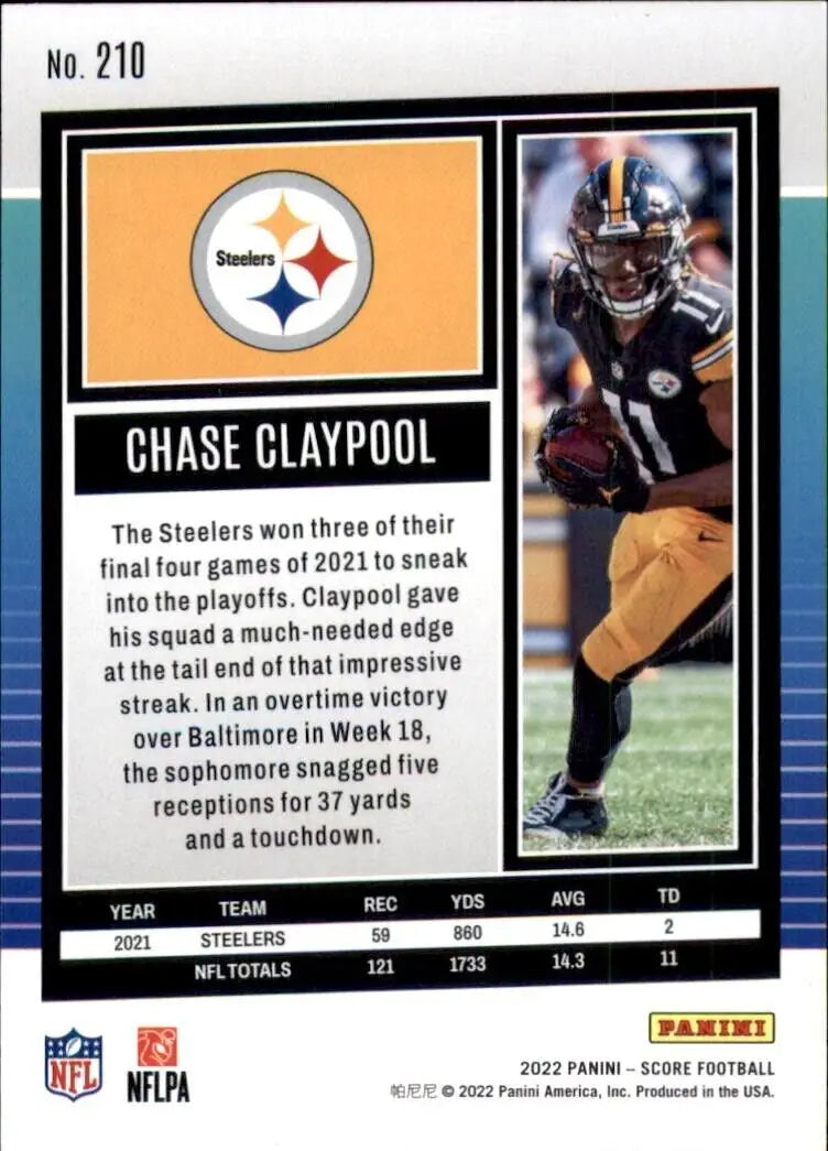 Chase Claypool Pittsburgh Steelers NFL football card from 2022 Panini Score #210