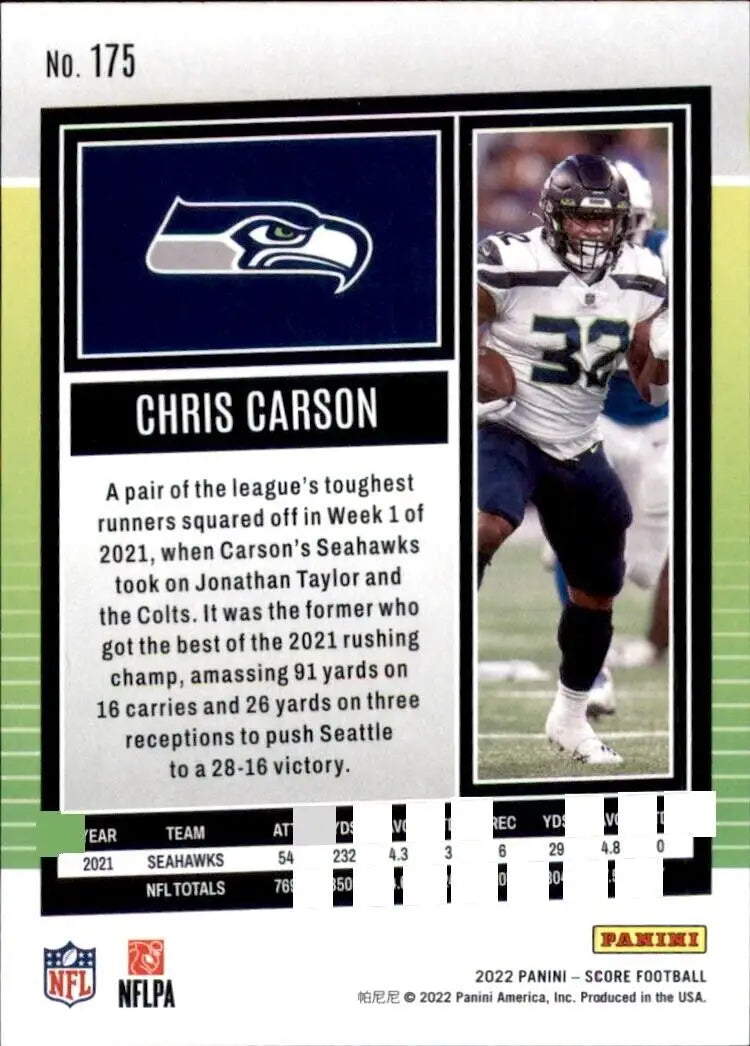 2022 Panini Score Chris Carson Seattle Seahawks NFL Football Card #175 for collectors