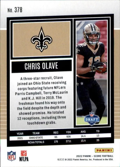 Chris Olave Rookie Football Card from 2022 Panini Score New Orleans Saints NFL #378