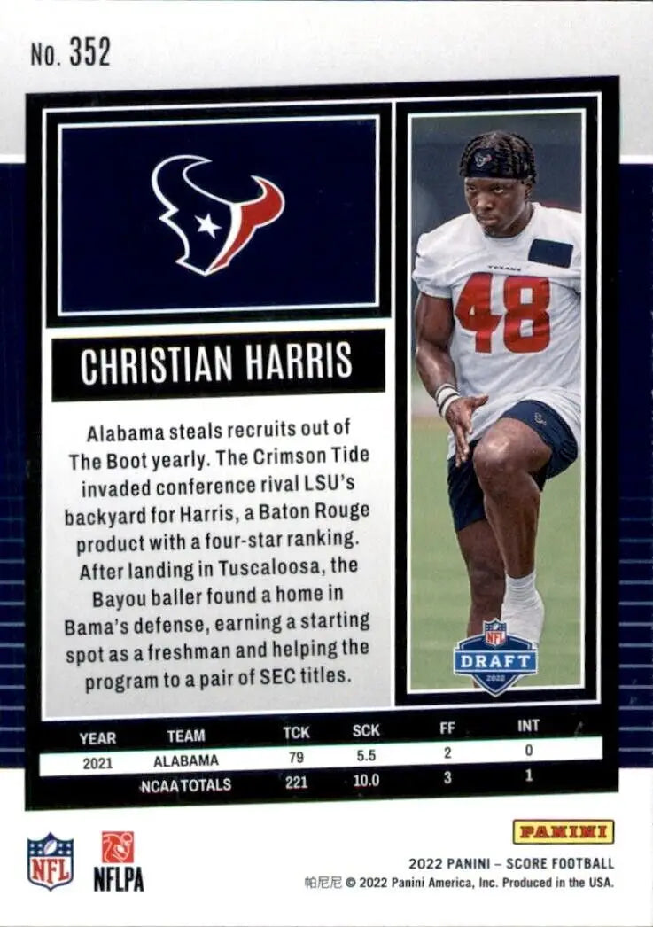 Panini Score Christian Harris Rookie Football Card Houston Texans NFL #352