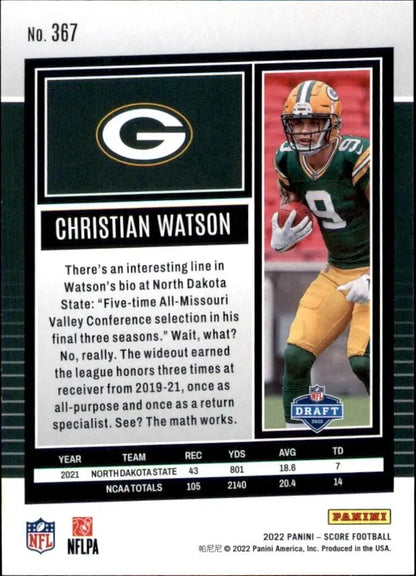 Christian Watson Rookie Card from 2022 Panini Score Green Bay Packers NFL #367