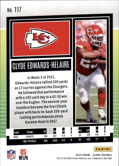 2022 Panini Score Clyde Edwards-Helaire Kansas City Chiefs NFL Football card #117