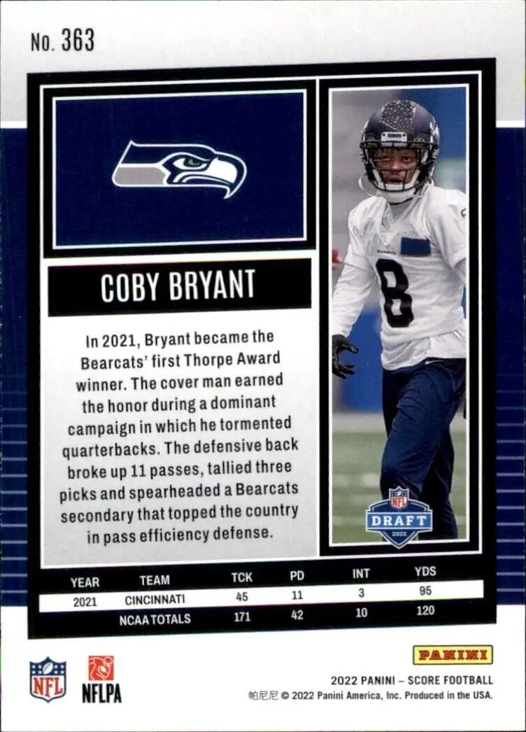 Coby Bryant Rookie Seattle Seahawks NFL Football card from 2022 Panini Score #363