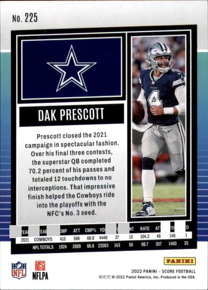 2022 Panini Score Dak Prescott Dallas Cowboys Football Card #225 for collectors