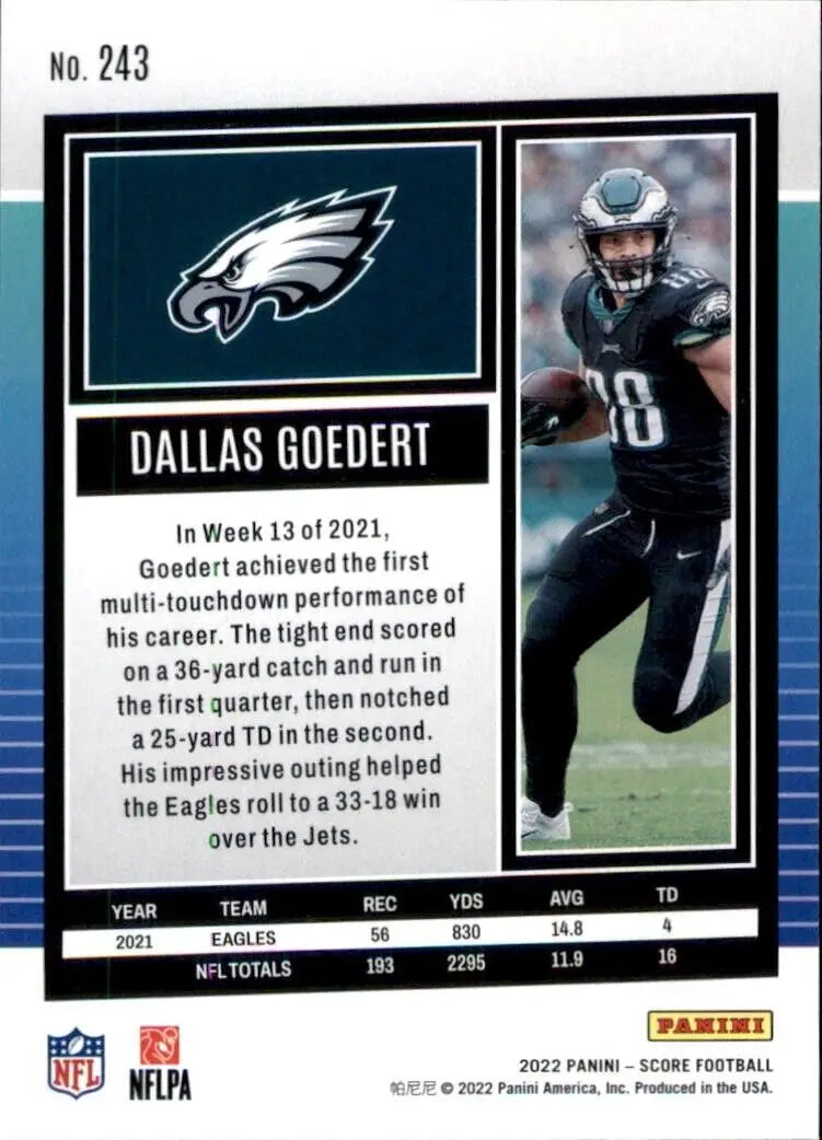 Dallas Goedert 2022 Panini Score Football Card, Philadelphia Eagles #243