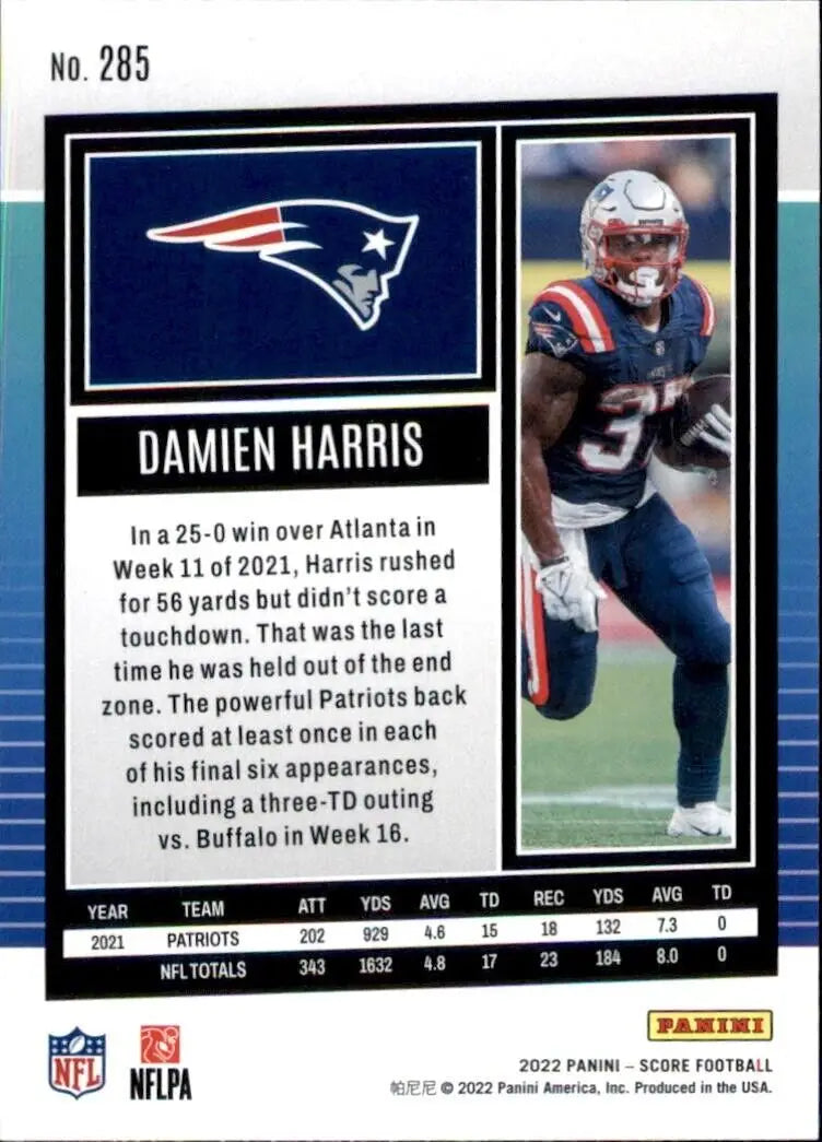 Panini Score Damien Harris football card from 2022 New England Patriots NFL set