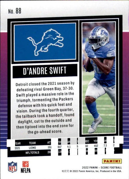 D’Andre Swift football card from 2022 Panini Score for Detroit Lions NFL fans