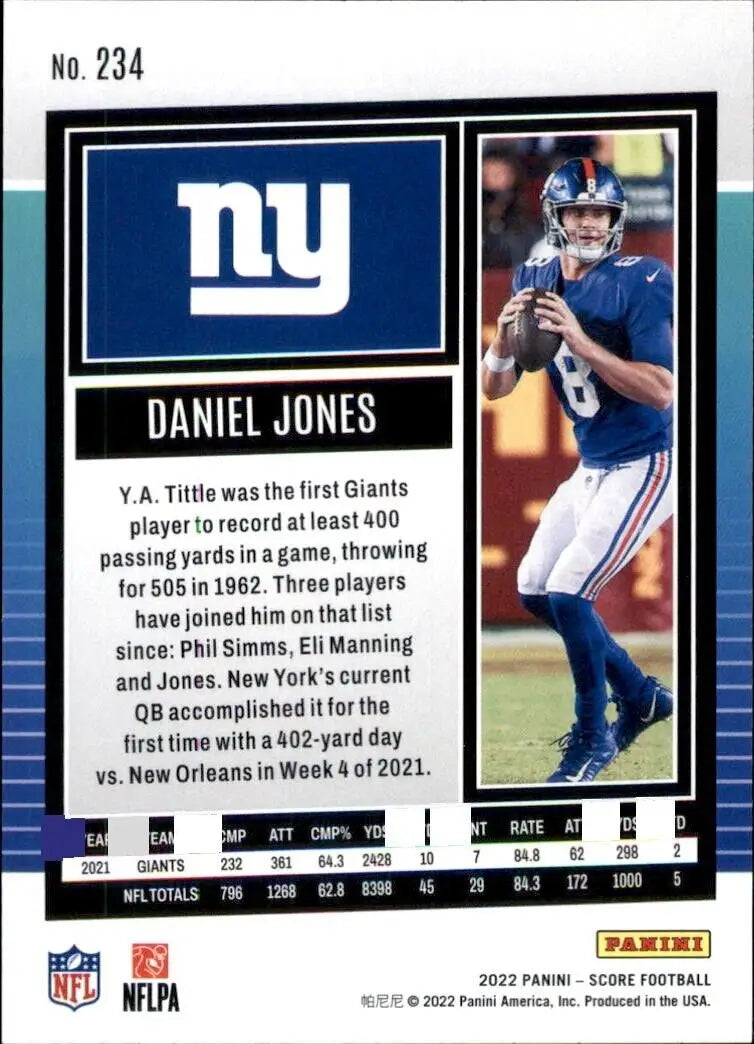 Panini Score Daniel Jones New York Giants NFL Football Card #234 displayed prominently