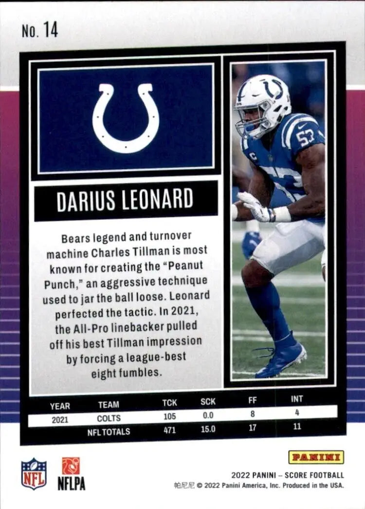 Darius Leonard football card from 2022 Panini Score Indianapolis Colts NFL collection