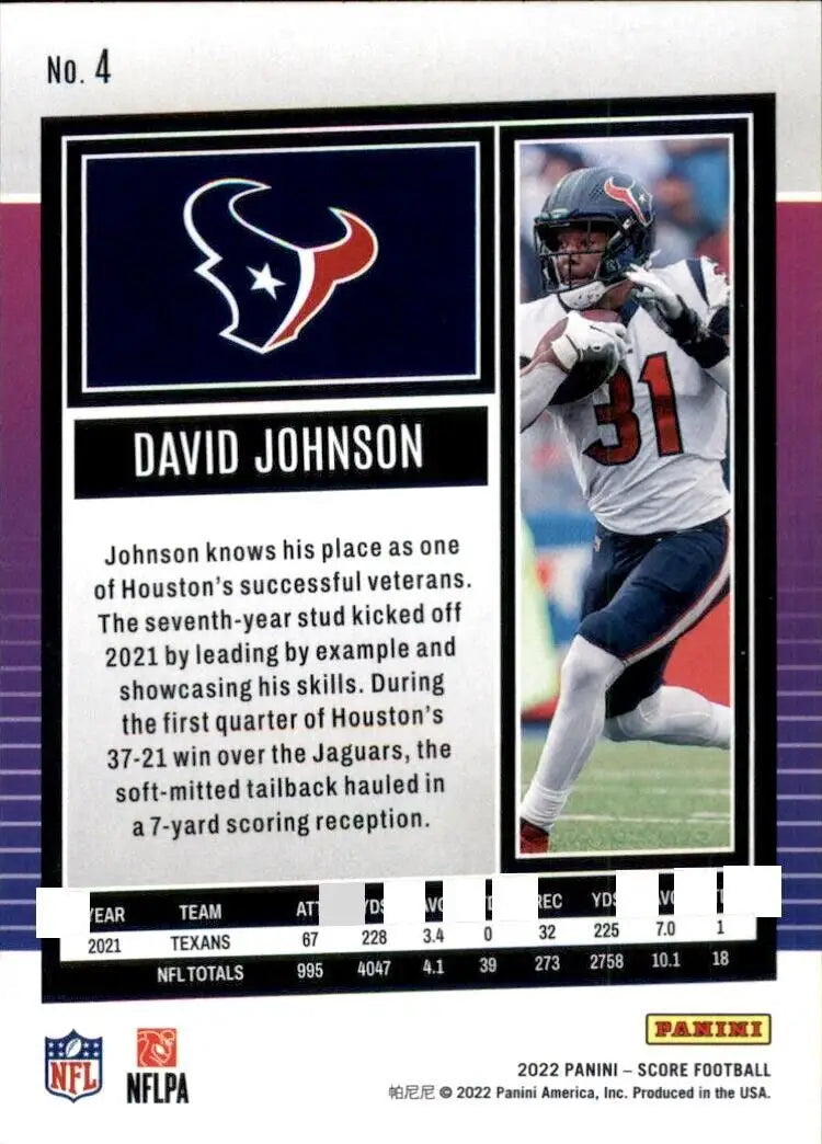 David Johnson football card from 2022 Panini Score Houston Texans NFL collection