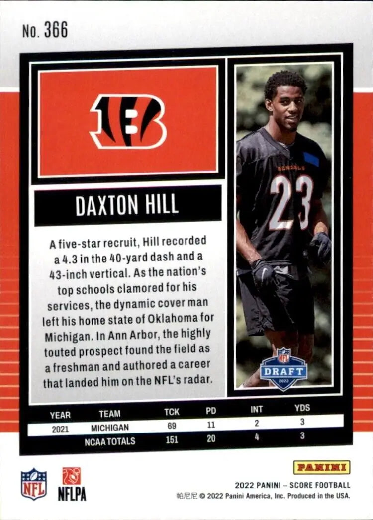 Daxton Hill Rookie Football Card from 2022 Panini Score Cincinnati Bengals NFL #366