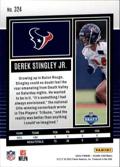 Derek Stingley Jr. football card from 2022 Panini Score Rookie Houston Texans #324