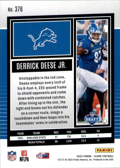 Football trading card of 2022 Panini Score Derrick Deese Jr. Rookie Detroit Lions #376