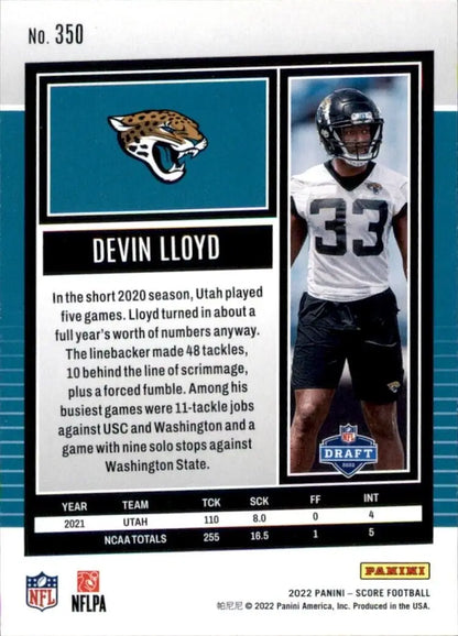 Devin Lloyd Rookie football card from 2022 Panini Score for Jacksonville Jaguars