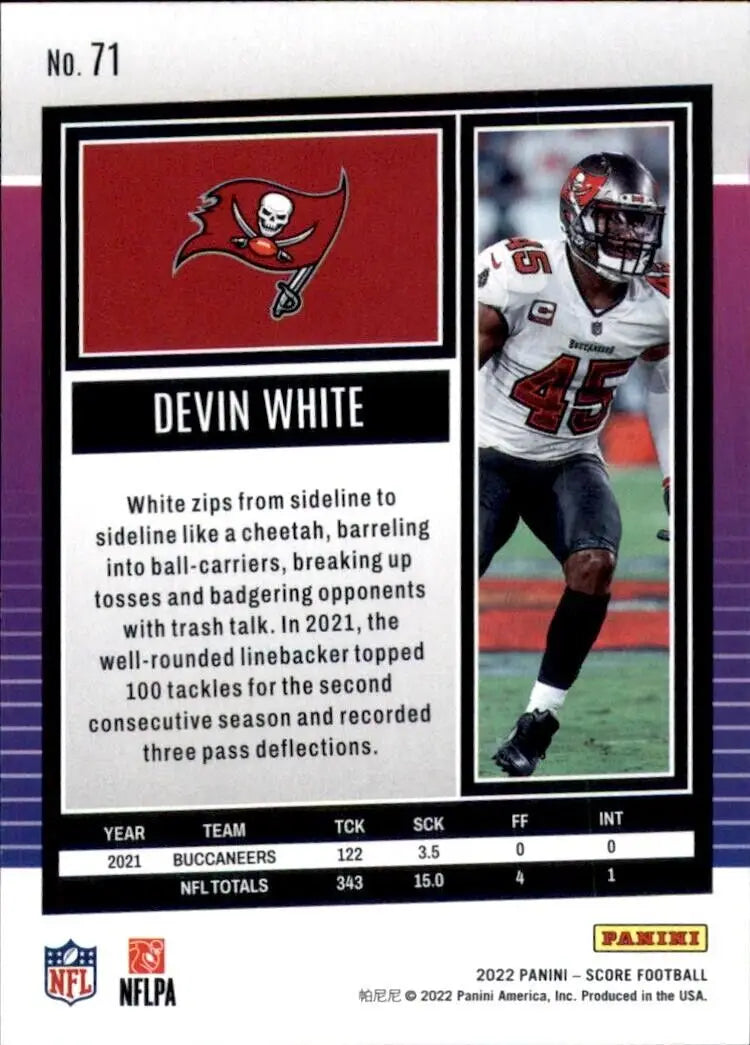 2022 Panini Score Devin White Tampa Bay Buccaneers NFL Football Card #71