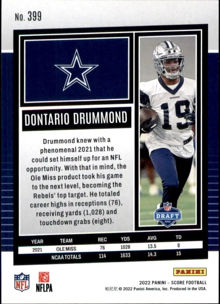 Dontario Drummond rookie card from 2022 Panini Score featuring Dallas Cowboys #399