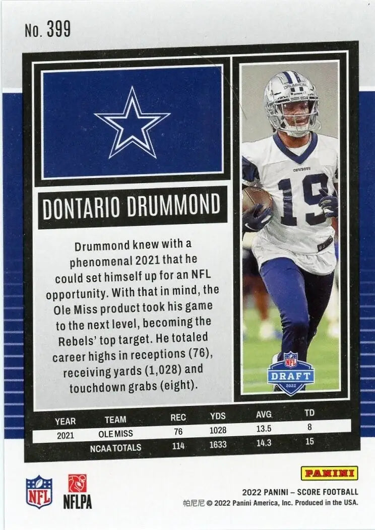 Dontario Drummond Rookie Gold Zone football card from 2022 Panini Score Dallas Cowboys