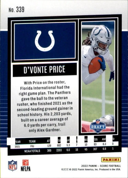 2022 Panini Score D’Vonte Price Rookie Indianapolis Colts NFL Football trading card