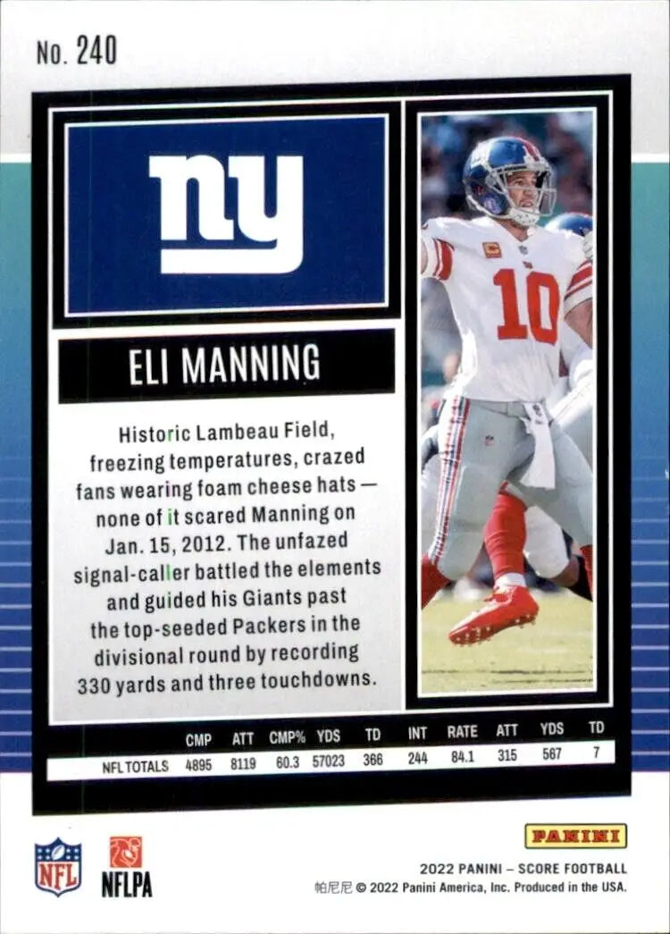 Eli Manning football card from 2022 Panini Score NFL collection featuring the Giants