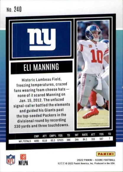 Eli Manning football card from 2022 Panini Score NFL collection featuring the Giants