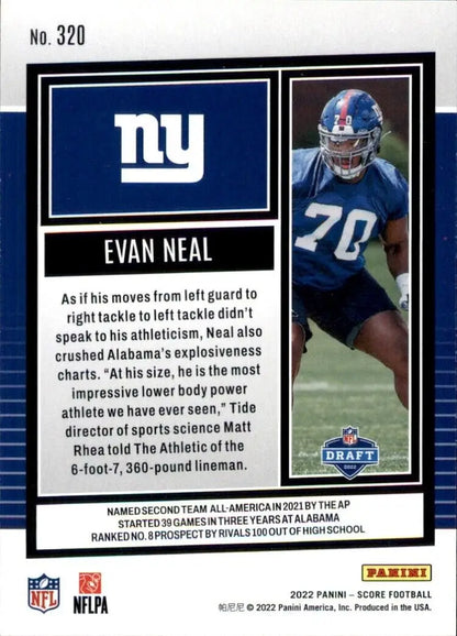 Evan Neal Rookie Football Card 2022 Panini Score New York Giants #320