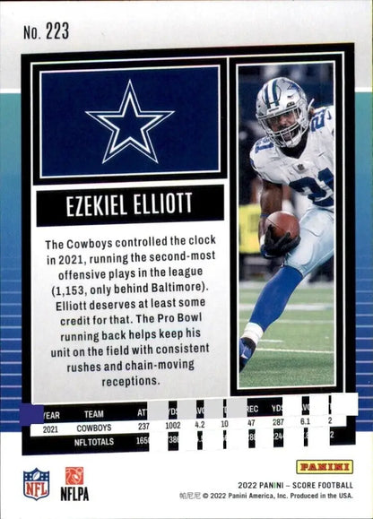 Ezekiel Elliott 2022 Panini Score football card from Dallas Cowboys NFL #223