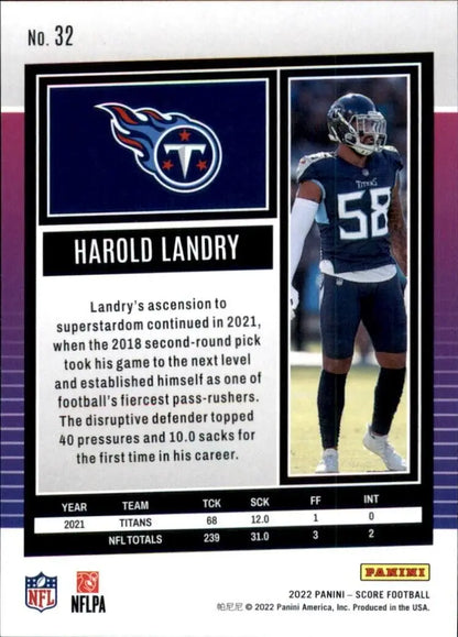 Harold Landry football card from 2022 Panini Score Tennessee Titans NFL collection