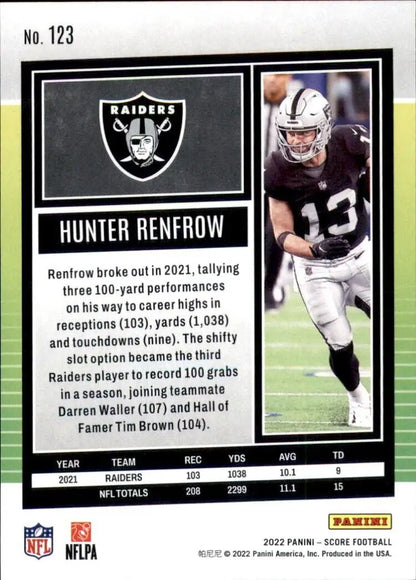 2022 Panini Score Hunter Renfrow Las Vegas Raiders NFL Football Card #123