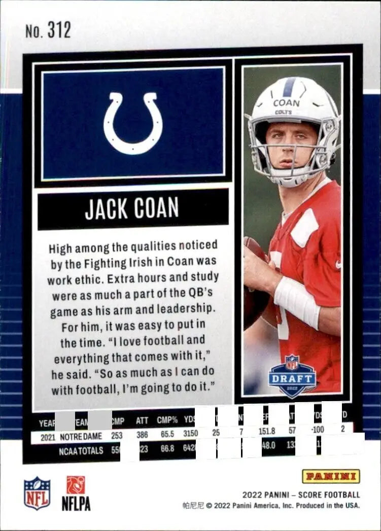 Jack Coan football card 2022 Panini Score Jack Coan Rookie Indianapolis Colts #312