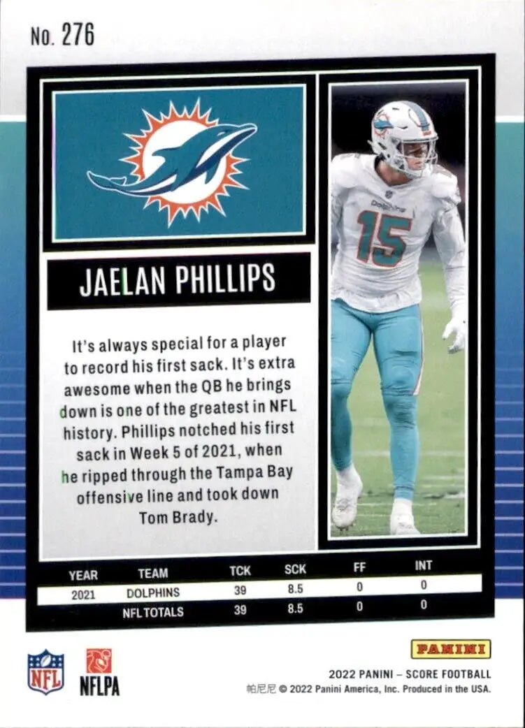 Jaelan Phillips football card from 2022 Panini Score Miami Dolphins NFL #276