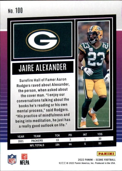 2022 Panini Score Jaire Alexander Green Bay Packers Football Card #100 for collectors