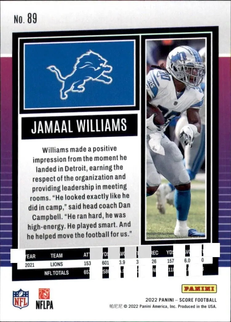 Jamaal Williams Detroit Lions 2022 Panini Score Football Card #89 for collectors